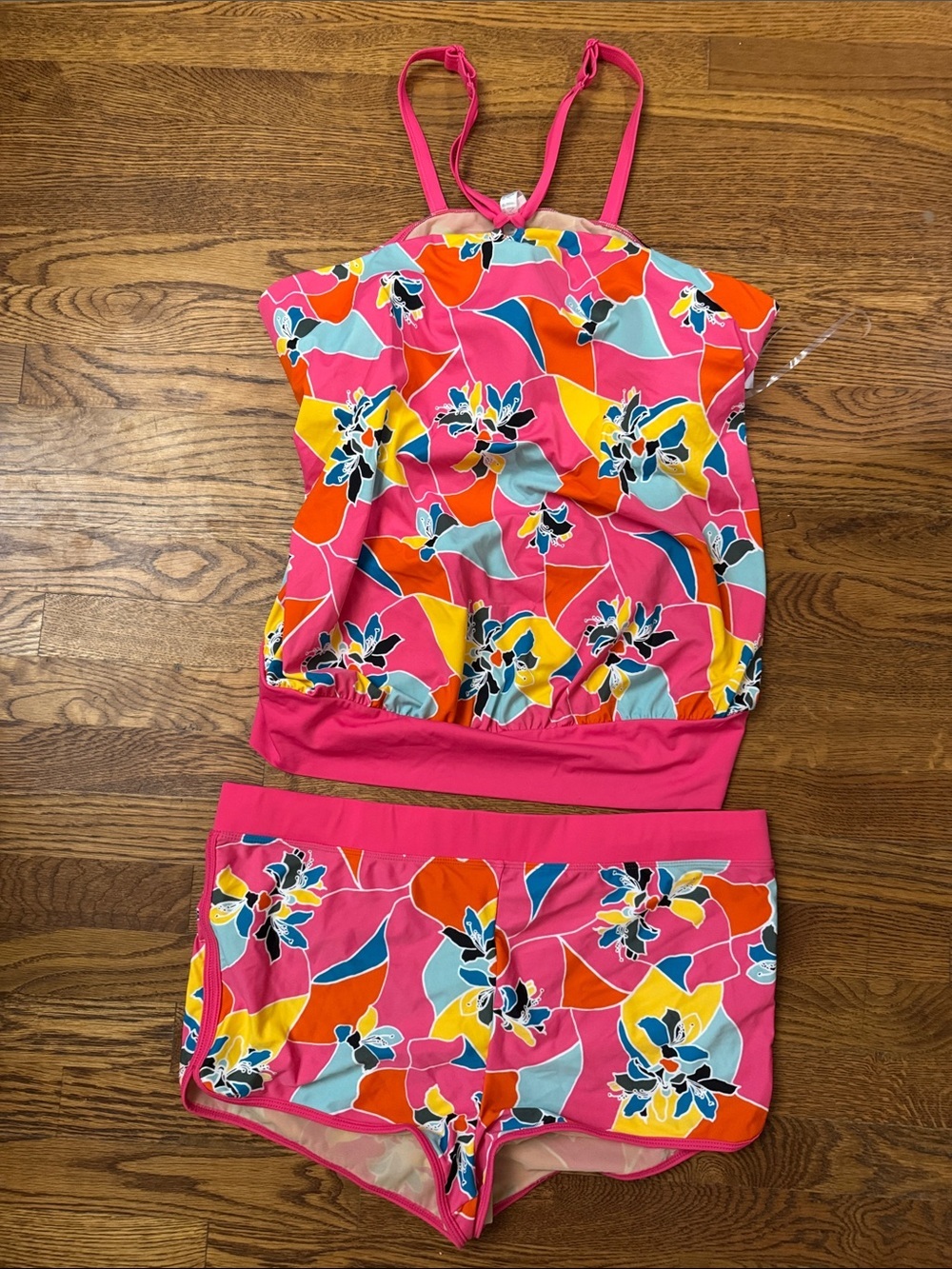 NWT Cacique Pink Floral Lightly Lined No Wire Swim Tankini Boy Shorts size 18/20